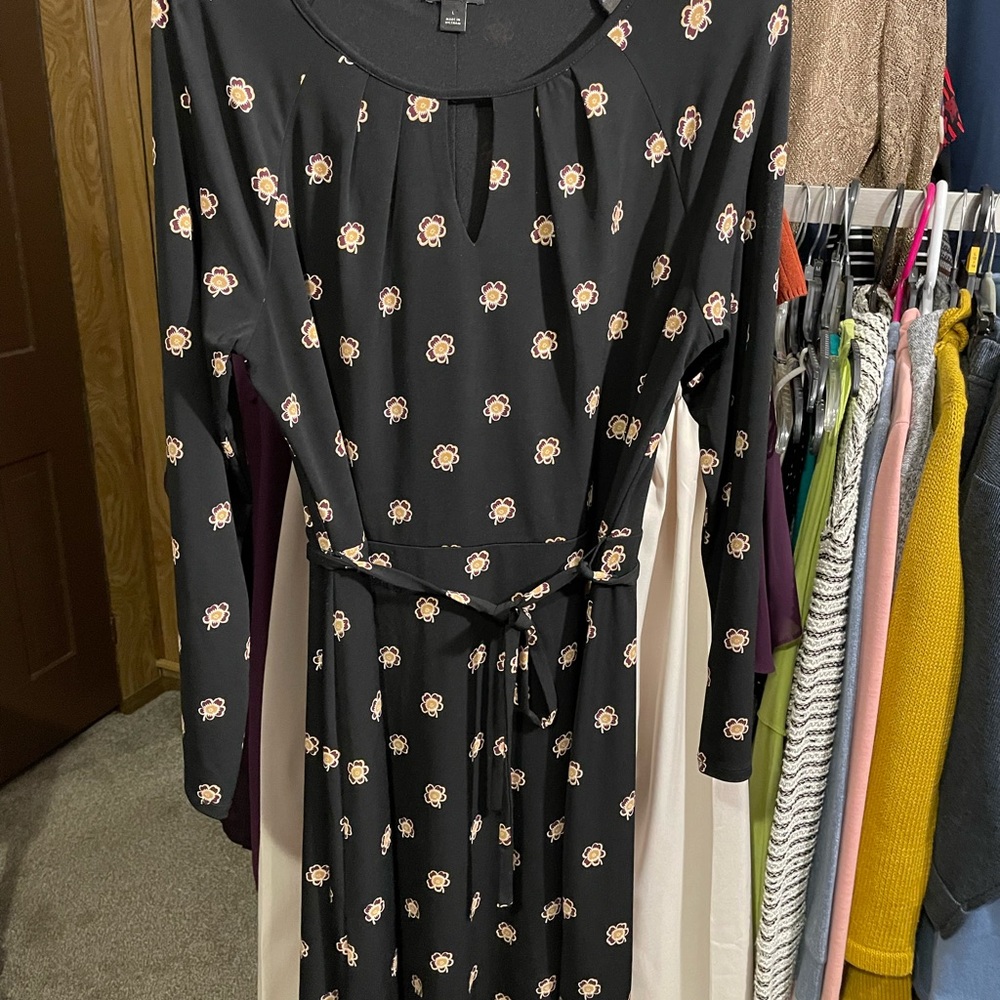 Black and Pink Tie Front Sheath Dress with Long Bishop Sleeves